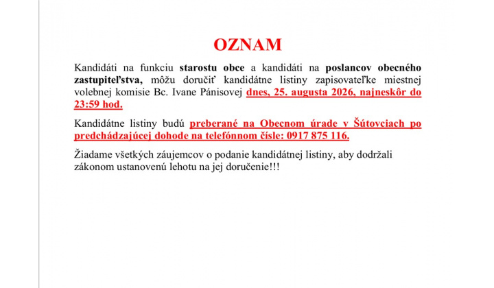 Dôležitý oznam!!! PODÁVANIE KANDIDÁTNYCH LISTÍN DO VOLIEB ORGÁNOV SAMOSPRÁVY OBCÍ