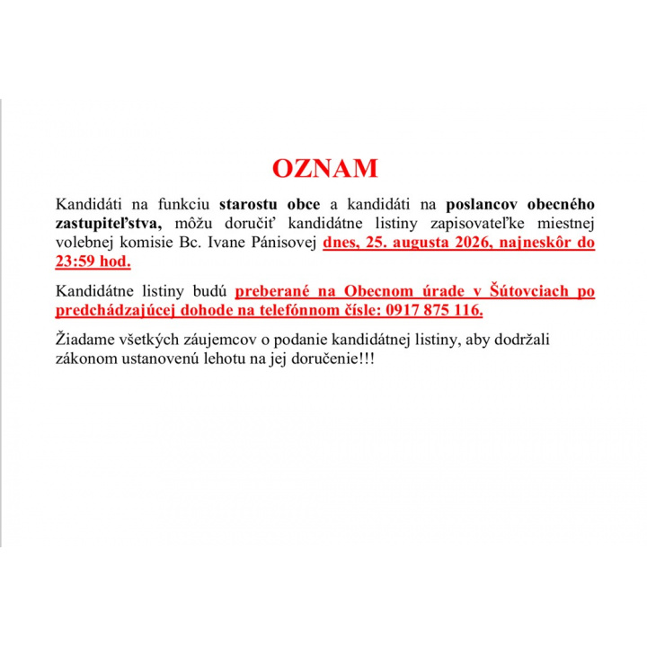 Dôležitý oznam!!! PODÁVANIE KANDIDÁTNYCH LISTÍN DO VOLIEB ORGÁNOV SAMOSPRÁVY OBCÍ