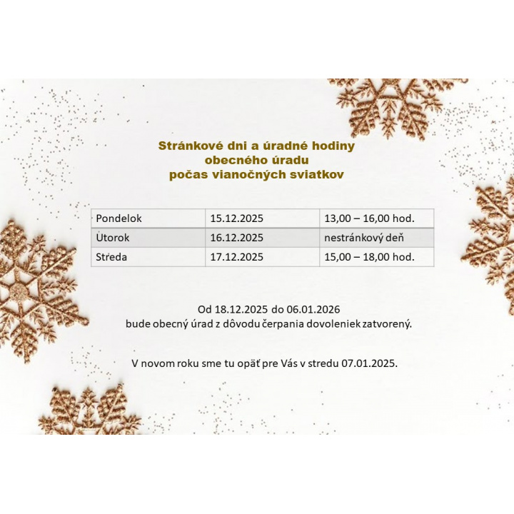 Stránkové dni a úradne hodiny počas vianočných sviatkov 